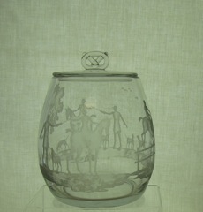#4163 Whaley Pretzel Jar, Crystal with #462 Fox Chase Etching, 1933-1938